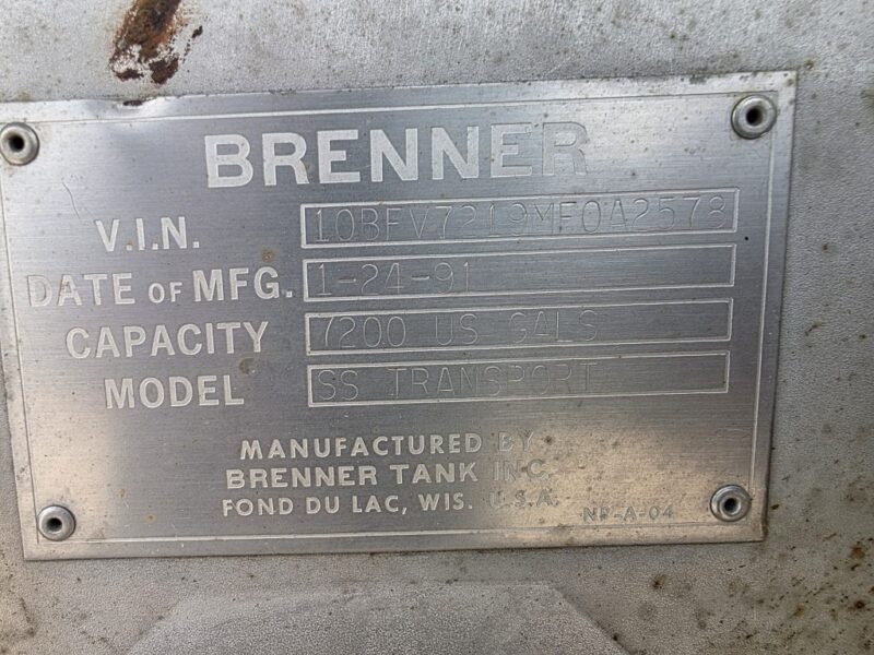 U-4880 1991 Brenner 7200 Gallon Stainless Steel Semi Tanker
