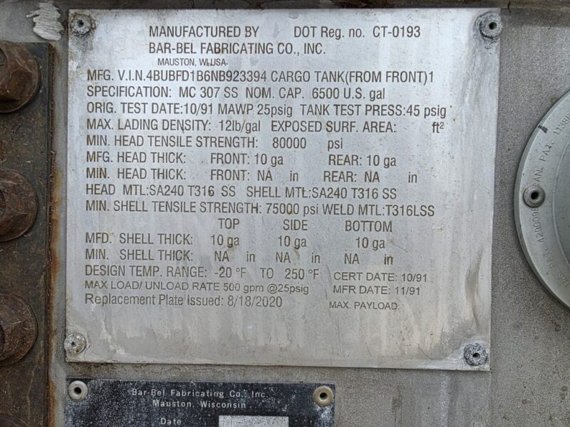 U-4881 1992 Barbel 6500 Gallon Stainless Steel Semi Tanker