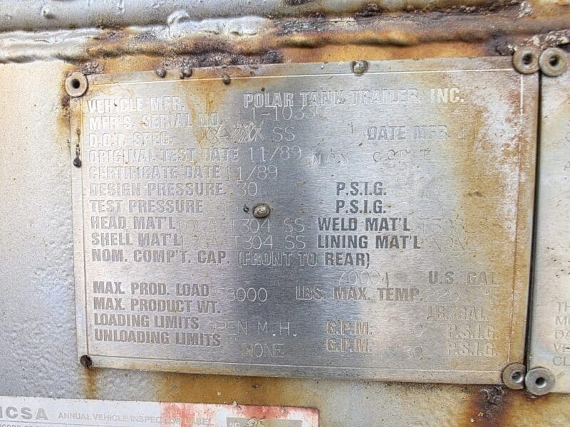U-4876 1990 Polar 7000 Gallon Stainless Steel Semi Tanker w. 14in Unload