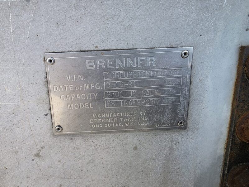 U-4878 1991 Brenner 6700 Gallon Stainless Steel Semi Tanker