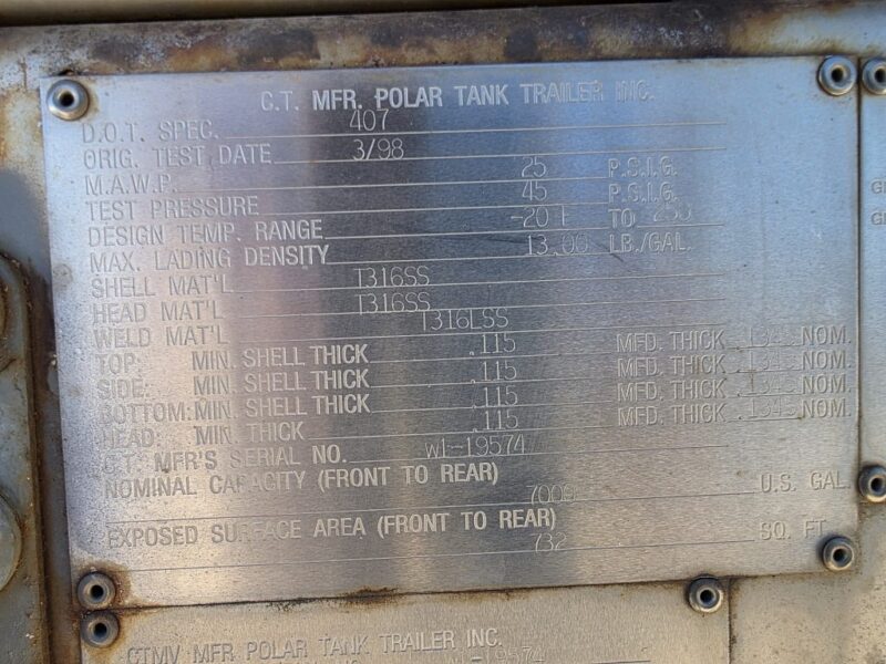 U-4884 1998 Polar 7000 Gallon Stainless Steel Semi Tanker