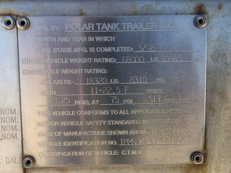 U-4884 1998 Polar 7000 Gallon Stainless Steel Semi Tanker