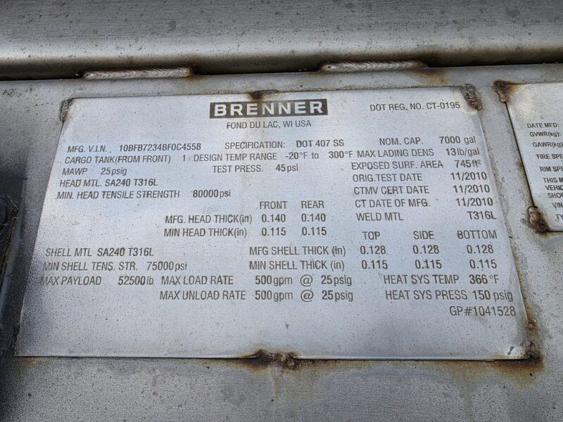 U-4897 2010 Brenner 7000 Gallon Stainless Steel Semi Tanker