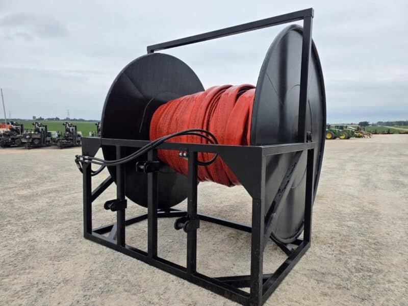3 Pt Hose Reel Holds 1 Mile of 6″ w. 1320′ of 5.5″ Mandals XP Drag Hose