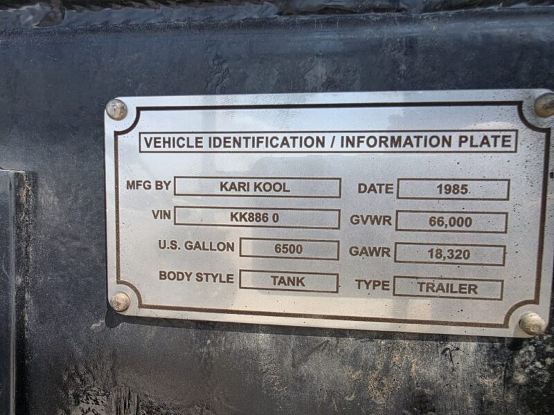 18″ U-4902 1985 Karikool 6500 Gallon Stainless Steel Semi Tanker w. 18in Unload