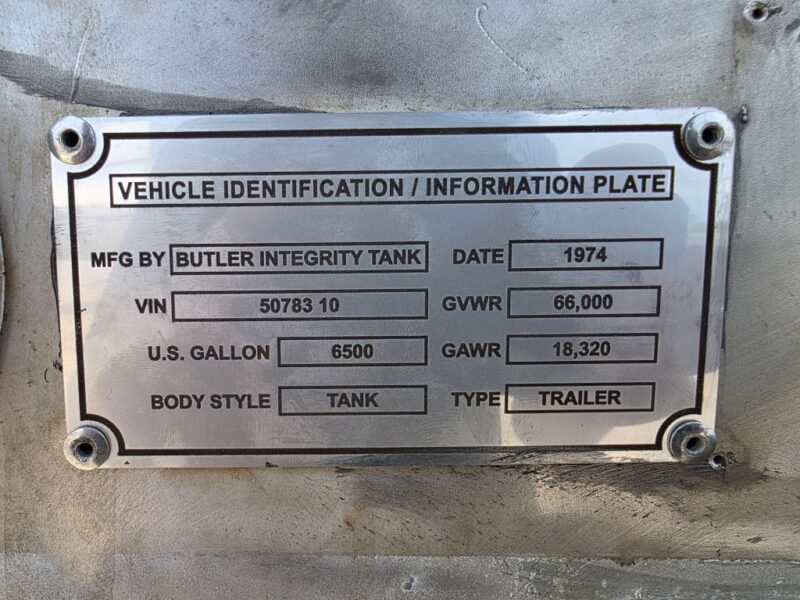 18″ U-4903 1974 Butler 6500 Gallon Stainless Steel Semi Tanker w. 18in Unload