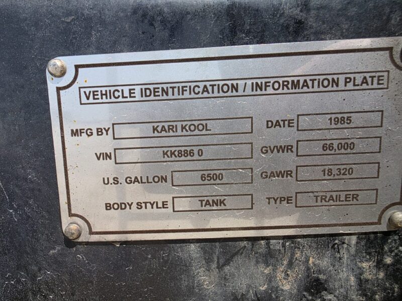 18″ U-4902 1985 Karikool 6500 Gallon Stainless Steel Semi Tanker w. 18in Unload