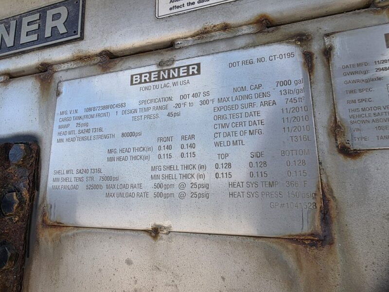 U-4912 2010 Brenner 7000 Gallon Stainless Steel Semi Tanker
