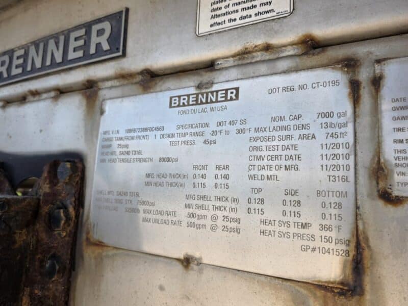 U-4912 2010 Brenner 7000 Gallon Stainless Steel Semi Tanker