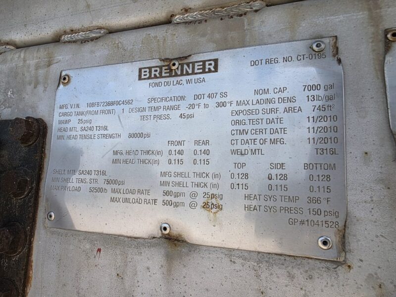 U-4913 2010 Brenner 7000 Gallon Stainless Steel Semi Tanker