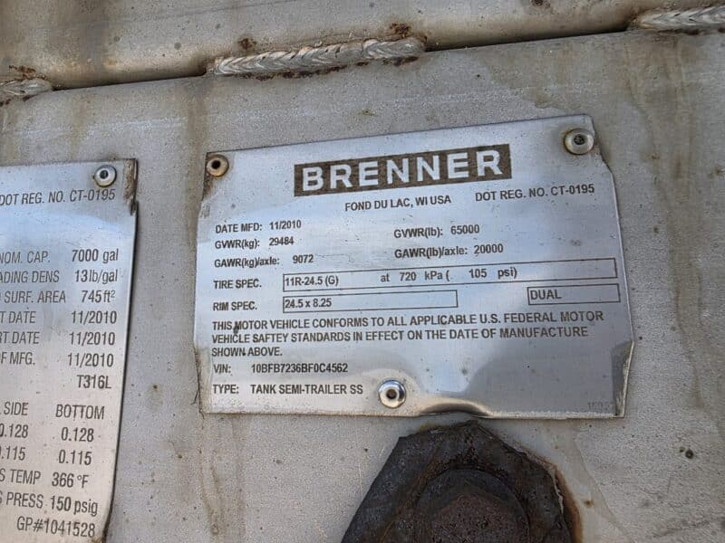 U-4913 2010 Brenner 7000 Gallon Stainless Steel Semi Tanker