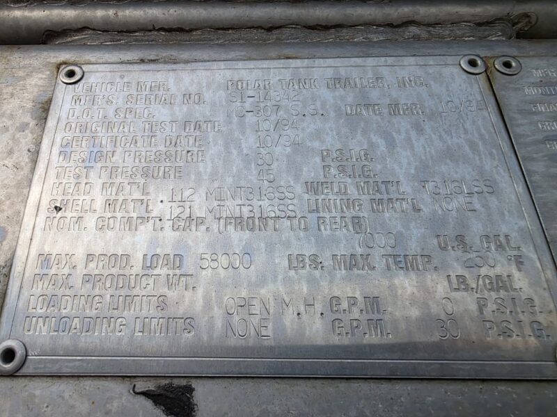 U-4909 1995 Polar 7000 Gallon Stainless Steel Semi Tanker