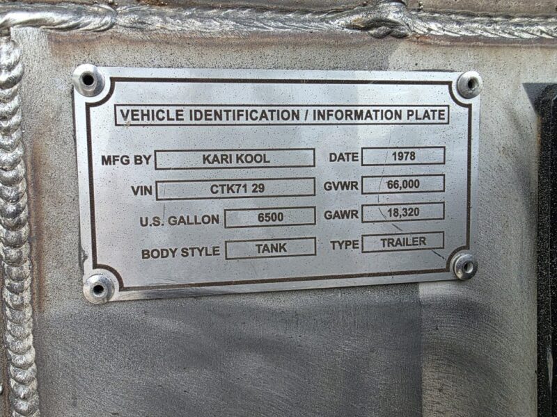 18″ U-4925 1978 Kari Kool 6500 Gallon Stainless Steel Semi Tanker w. 18in Unload