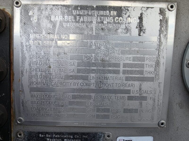 U-4918 1991 Barbel 7000 Gallon Stainless Steel Semi Tanker