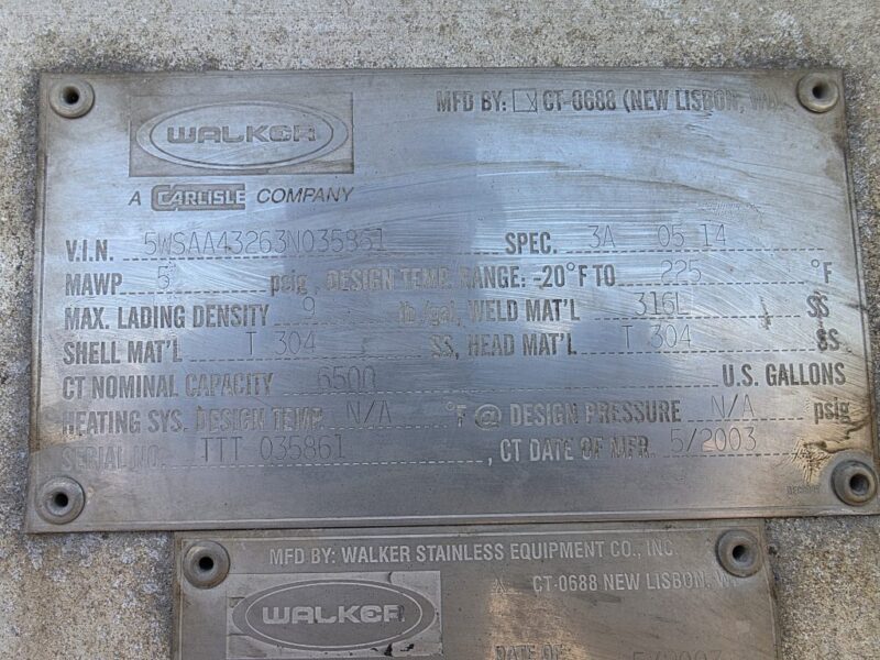Dual 12″ U-4924 2003 Walker 6500 Gallon Stainless Semi Tanker