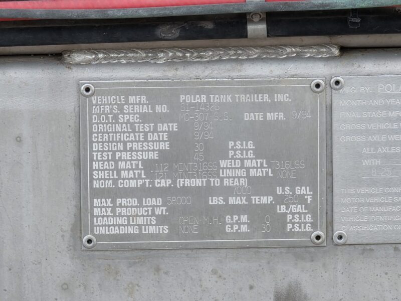 U-4919 1994 Polar 7000 Gallon Stainless Steel Semi Tanker