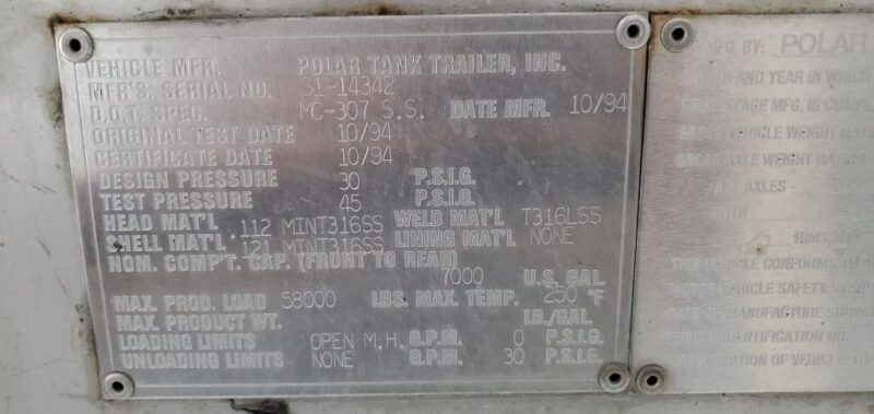 U-4909 1995 Polar 7000 Gallon Stainless Steel Semi Tanker