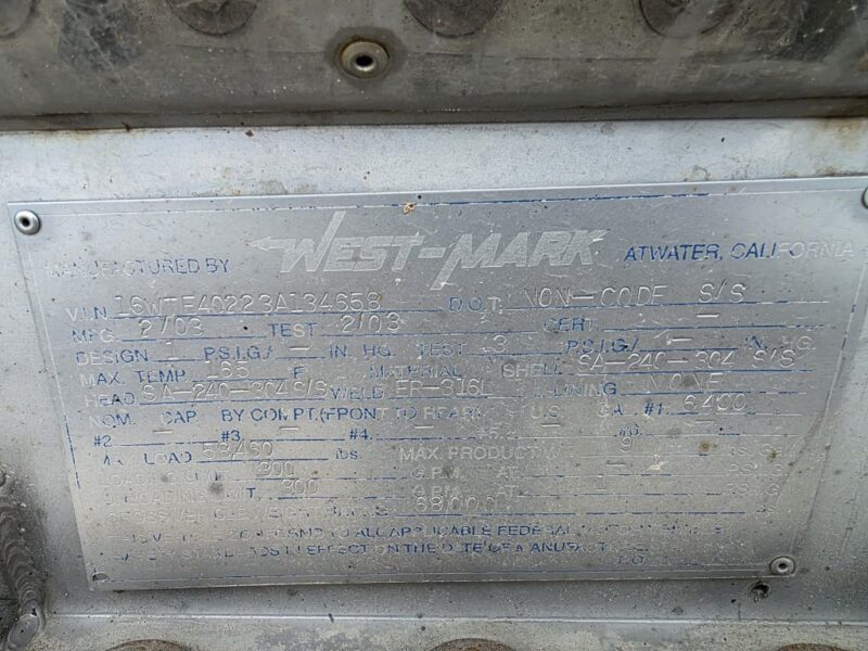 U-4938 2003 West-Mark 6400 Gallon Stainless Steel Semi Tanker