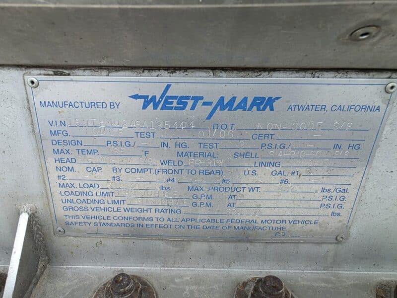 U-4939 2006 West-Mark 6400 Gallon Stainless Steel Semi Tanker