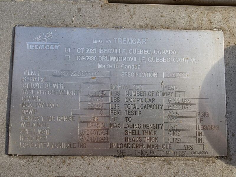 U-4928 2001 Tremcar 6700 Gallon Stainless Steel Semi Tanker