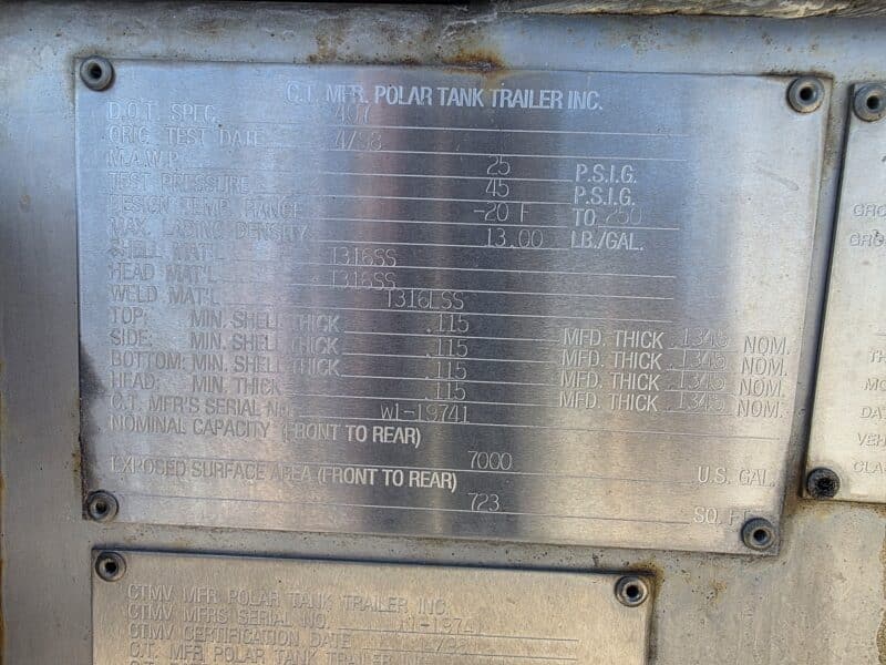 U-4922 1998 Polar 7000 Gallon Stainless Steel Semi Tanker