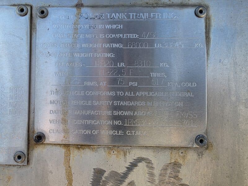 U-4922 1998 Polar 7000 Gallon Stainless Steel Semi Tanker